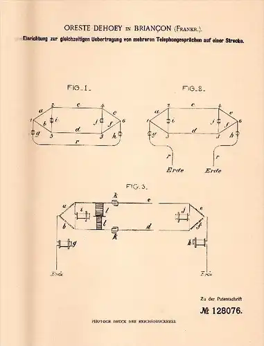 Original Patent - Oreste Dehoey dans Briancon , 1900 , Appareil pour de multiples appels téléphoniques !!!