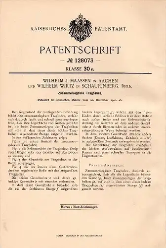 Original Patent - W. Wirtz in Schaufenberg b. Hückelhoven , 1900 , zusammenlegbare Trage , J. Maassen in Aachen !!!