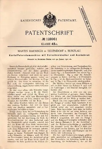 Original Patent -M. Harnisch in Tillendorf b. Bunzlau ,1901, Kartoffel - Erntemaschine , Agrar , Schlesien , Boles&#322;