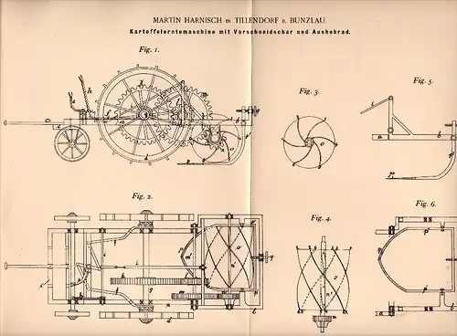Original Patent -M. Harnisch in Tillendorf b. Bunzlau ,1901, Kartoffel - Erntemaschine , Agrar , Schlesien , Boles&#322;