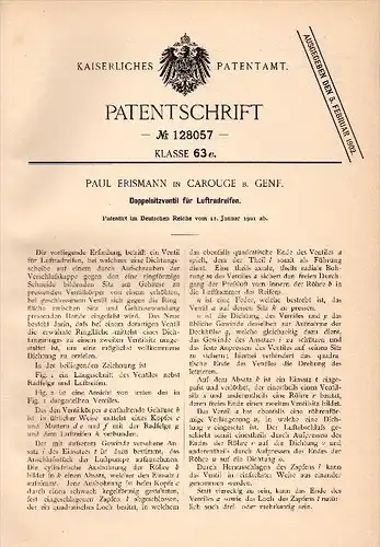 Original Patent - Paul Erismann in Carouge b. Genf , 1901 , Doppelventil für Reifen , Motorrad , Fahrrad , Automobil !!