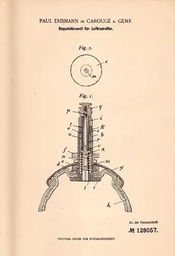 Original Patent - Paul Erismann in Carouge b. Genf , 1901 , Doppelventil für Reifen , Motorrad , Fahrrad , Automobil !!