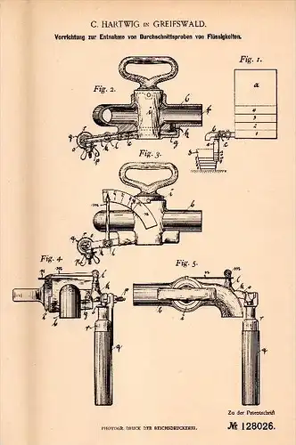 Original Patent - C. Hartwig in Greifswald in Mecklenburg ,1901, Apparat für Proben von Milch , Meierei , Landwirtschaft