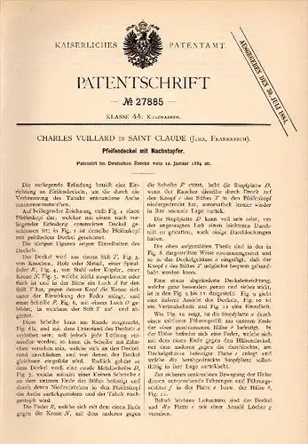 Original Patent - Charles Vuillard dans Saint Claude , Jura , 1884 , Bouchon de tuyau avec Stopfer , tabac !!!
