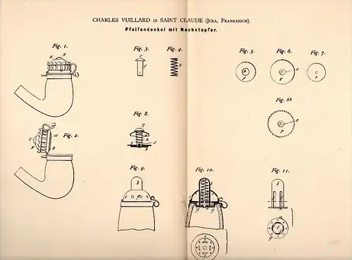 Original Patent - Charles Vuillard dans Saint Claude , Jura , 1884 , Bouchon de tuyau avec Stopfer , tabac !!!