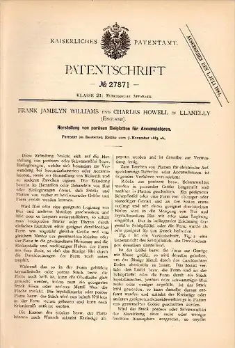 Original Patent -F.J. Williams and Ch. Howell in Llanelly ,1883, Production of lead plates for batteries, Monmouthshire