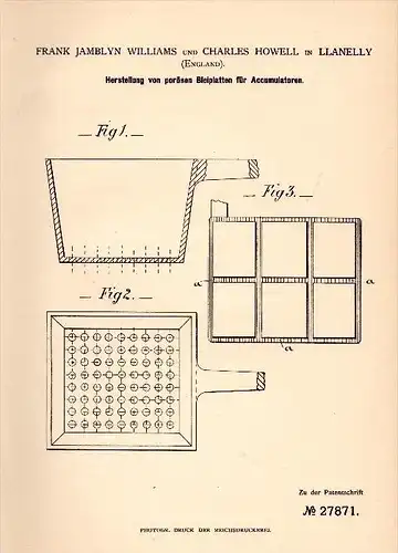 Original Patent -F.J. Williams and Ch. Howell in Llanelly ,1883, Production of lead plates for batteries, Monmouthshire