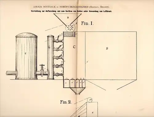 Original Patent - Amour Sottiaux in Strépy-Bracquegnies , 1883 , Aufbereitung von Kohle , Bergwerk , Erz , Hainaut !!!