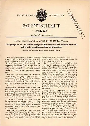 Original Patent - Carl Hirschmann in Wassertrüdingen b. Ansbach , 1884 , Regulator für Blitzableiter , Gewitter , Bau !!