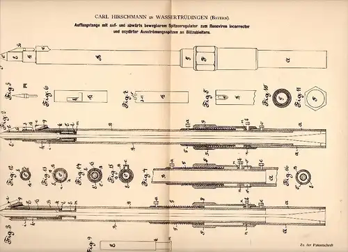 Original Patent - Carl Hirschmann in Wassertrüdingen b. Ansbach , 1884 , Regulator für Blitzableiter , Gewitter , Bau !!