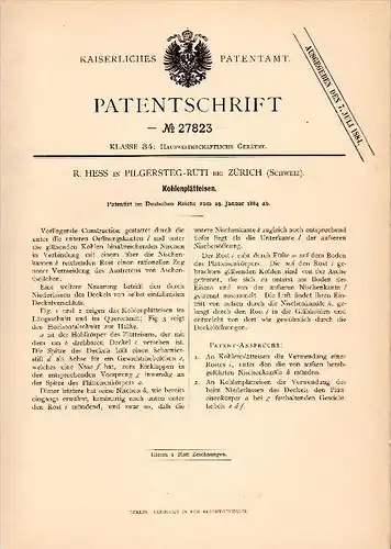 Original Patent - R. Hess in Pilgersteg - Rüti b. Zürich , 1884 , Kohlen - Plätteisen , Bügeleisen , Hinwil !!!