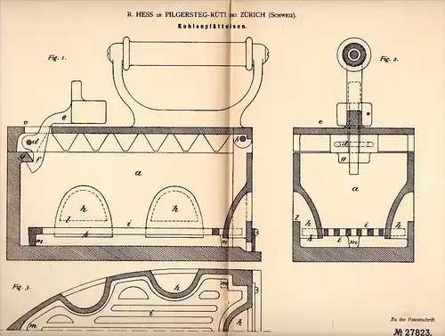 Original Patent - R. Hess in Pilgersteg - Rüti b. Zürich , 1884 , Kohlen - Plätteisen , Bügeleisen , Hinwil !!!