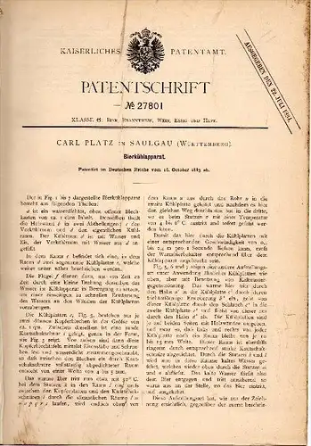 Original Patent - Carl Platz in Bad Saulgau , 1883 , Bier - Kühlapparat , Kneipe , Restaurant , Alkohol  Württemberg !!!