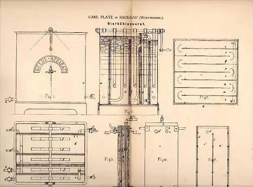 Original Patent - Carl Platz in Bad Saulgau , 1883 , Bier - Kühlapparat , Kneipe , Restaurant , Alkohol  Württemberg !!!