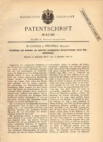 Original Patent - H. Catrice in Peruwelz , 1886 , Apparat für Bergwerkslampen , Bergbau !!!