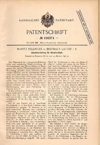 Original Patent - Moritz Hellinger in Brethaus - Lauter i.S. ,1898 , Schaltung für Revolverköpfe , Metallbau , Bernsbach