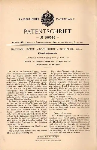 Original Patent - B. Jäckle in Locherhof b. Eschbronn , 1899 , Walzen - Dreschmaschine , Landwirtschaft , Rottweil !!!