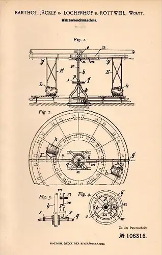 Original Patent - B. Jäckle in Locherhof b. Eschbronn , 1899 , Walzen - Dreschmaschine , Landwirtschaft , Rottweil !!!