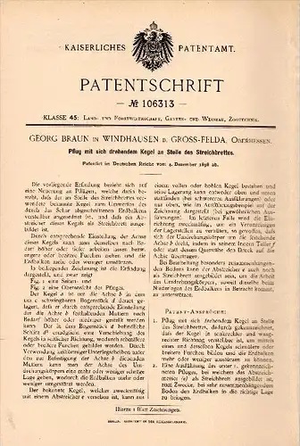Original Patent - Georg Braun in Windhausen b. Cross-Felda / Feldatal , 1898 , Pflug mit drehendem Kegel , Agrar !!!