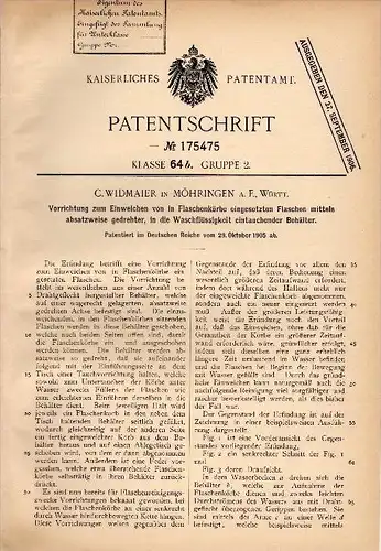 Original Patent - C. Widmaier in Möhringen b. Stuttgart , 1905 , Apparat für Flaschen , Reinigung !!!