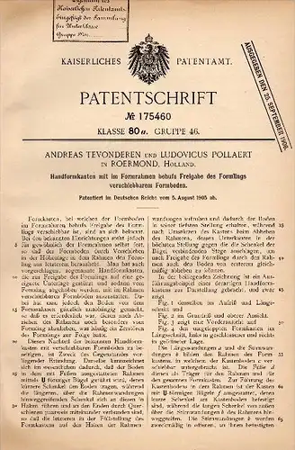 Original Patent - A. Tevonderen und L. Pollaert in Roermond , 1905 , Formkasten , Form !!!