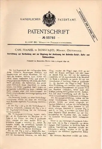 Original Patent -  Carl Franzel in Domstadtl / Domasov nad Bystrici i. Mähren , 1890 , Regelung für Getreidemaschinen !!