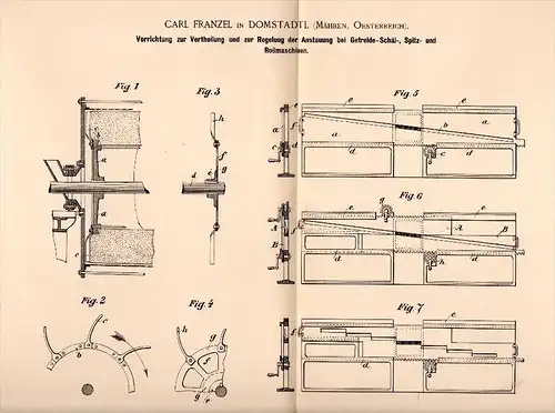 Original Patent -  Carl Franzel in Domstadtl / Domasov nad Bystrici i. Mähren , 1890 , Regelung für Getreidemaschinen !!