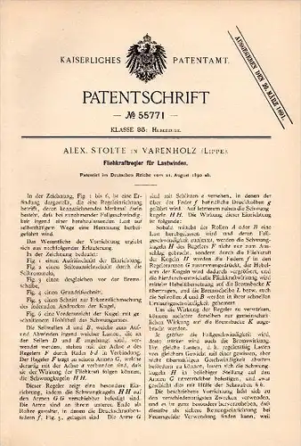 Original Patent - Alex Stolte in Varenholz b. Kalletal , 1890 , Fliehkraftregler für Lastwinden , Lippe !!!