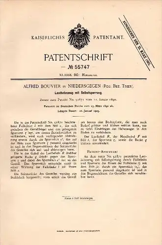Original Patent - Alfred Bouvier in Niedersgegen b. Körperich , 1890 , Sperre für Lastenheber , Kran !!!