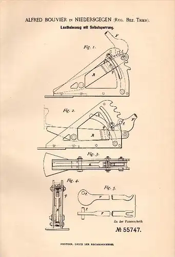 Original Patent - Alfred Bouvier in Niedersgegen b. Körperich , 1890 , Sperre für Lastenheber , Kran !!!