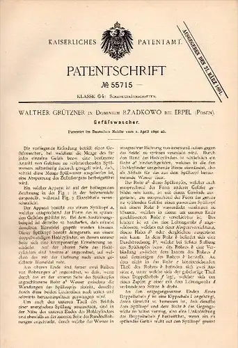 Original Patent -W. Grützner in Dominium Rzadkowo bei Erpel i. Posen , 1890 , Gefäßwascher , Kolmar !!!