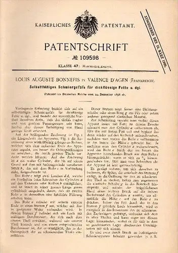 Original Patent -  L.A. Bonnefis dans Valence d’Agen , 1898 , Graisse tasse , génie mécanique , Tarn-et-Garonne !!!