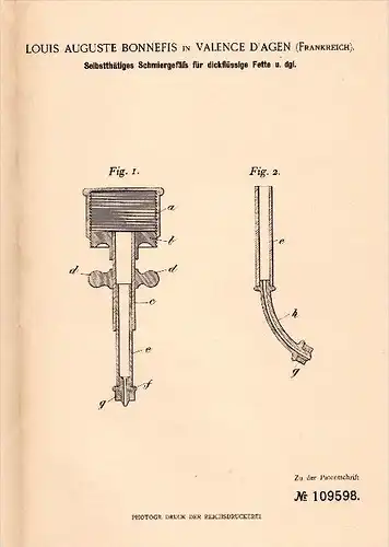 Original Patent -  L.A. Bonnefis dans Valence d’Agen , 1898 , Graisse tasse , génie mécanique , Tarn-et-Garonne !!!