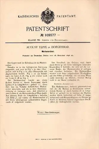 Original Patent - August Teppe in Hofgeismar , 1898 , Ordner für Marken , Briefmarken , Briefmarke !!!