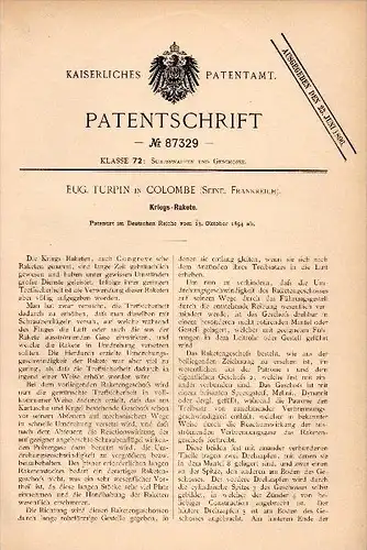 Original Patent - E. Turpin dans Sainte Colombe sur Seine , 1894 , Rocket guerre , arme !!!