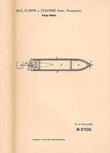 Original Patent - E. Turpin dans Sainte Colombe sur Seine , 1894 , Rocket guerre , arme !!!