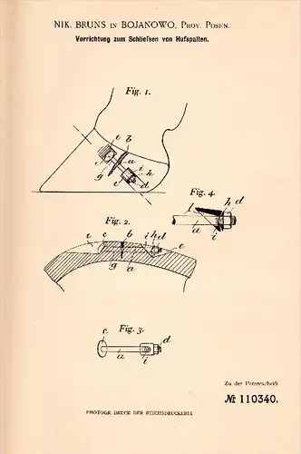 Original Patent - Nik. Bruns in Bojanowo , Posen , 1899 , Apparat für Hufe von Pferden , Hufeisen , Pferd !!!