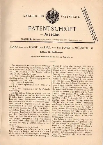 Original Patent -  Ignaz und Paul von der Forst in Münster i.W. , 1899 , Gehäuse für Nachtlampen , Lampen !!!