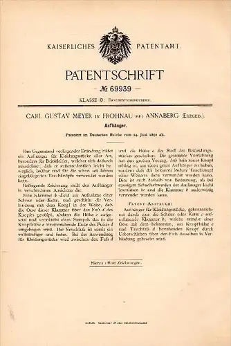 Original Patent - C. G. Meyer in Frohnau b. Annaberg - Buchholz , 1892 , Aufhänger , Bekleitung , Textilien !!!