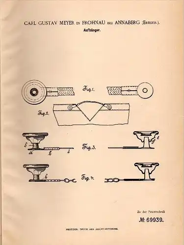 Original Patent - C. G. Meyer in Frohnau b. Annaberg - Buchholz , 1892 , Aufhänger , Bekleitung , Textilien !!!