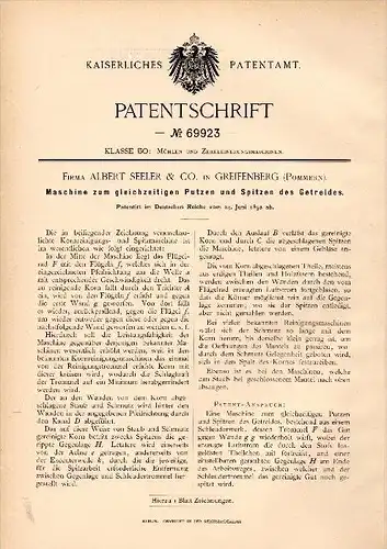 Original Patent -  Albert Seeler & Co in Greifenberg / Gryfice i. Pommern , 1892 , Putzmaschine für Getreide , Agrar !!