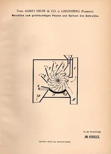 Original Patent -  Albert Seeler & Co in Greifenberg / Gryfice i. Pommern , 1892 , Putzmaschine für Getreide , Agrar !!