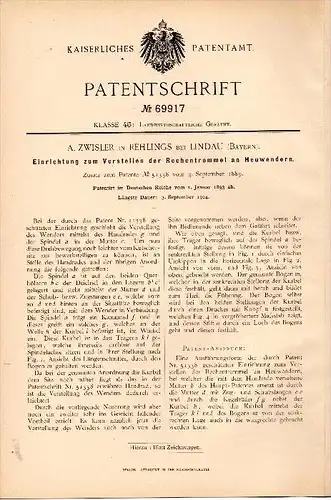 Original Patent - A. Zwisler in Rehlings b. Lindau , Bayern , 1893 , Apparat für Heuwender , Landwirtschaft , Agrar !!!