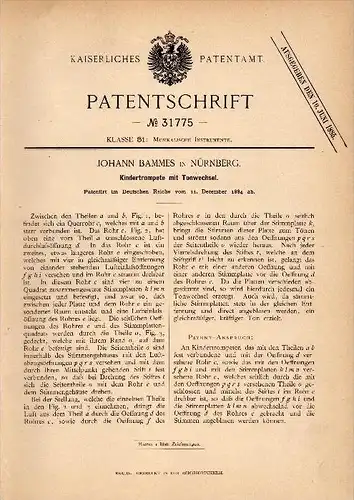 Original Patent - Johann Bammes in Nürnberg , 1884 , Kindertrompete mit Tonwechsel , Trompete , trumpet , Musik !!!