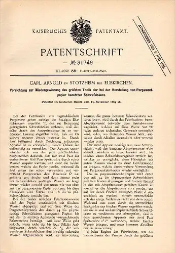 Original Patent -  Carl Arnold in Stotzheim b. Euskirchen , 1884 , Gewinnung von Schwefelsäure bei Pergament !!!