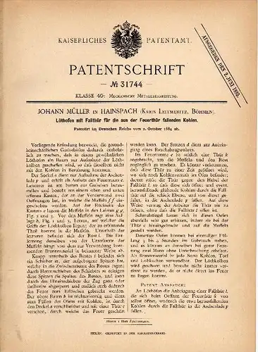 Original Patent - J. Müller in Hainspach / Lipová u Šluknova , 1884 , Ofen mit Falltür , Leitmeritz / Litom&#283;&#345;i