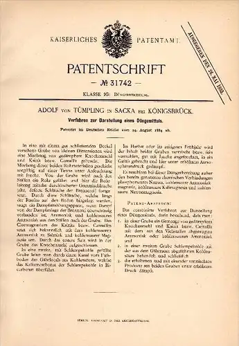 Original Patent - Adolf von Tümpling in Sacka b. Thiendorf , 1884, Darstellung von Düngemittel , Dünger , Königsbrück !