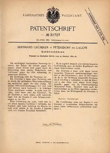 Original Patent - B. Gründler in Petersdorf bei Lagow / &#321;agów , 1884 , Schutz für Gehör , Ohrenschutz , Ohr !!!