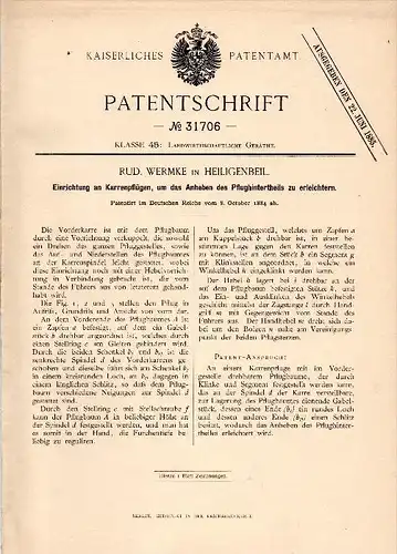 Original Patent - R. Wermke in Heiligenbeil / Mamonowo , 1884 , Karrenpflug , Pflug , Agrar , Russland !!!