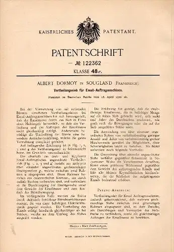 Original Patent - Albert Dormoy dans Sougland , Saint Michel , Aisne , 1900 , Tamiser pendant émail - Machine !!!